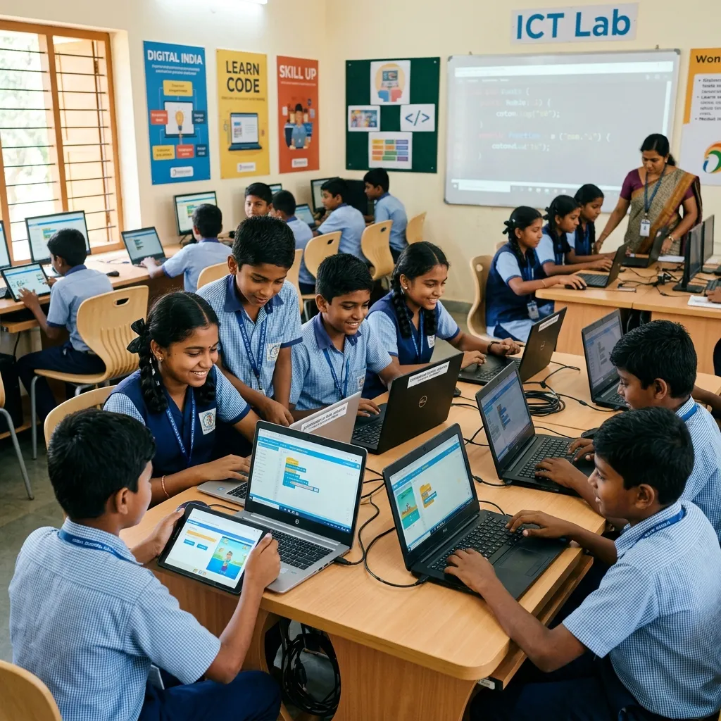 Indian government school students sitting in digital literacy class with laptop computers
