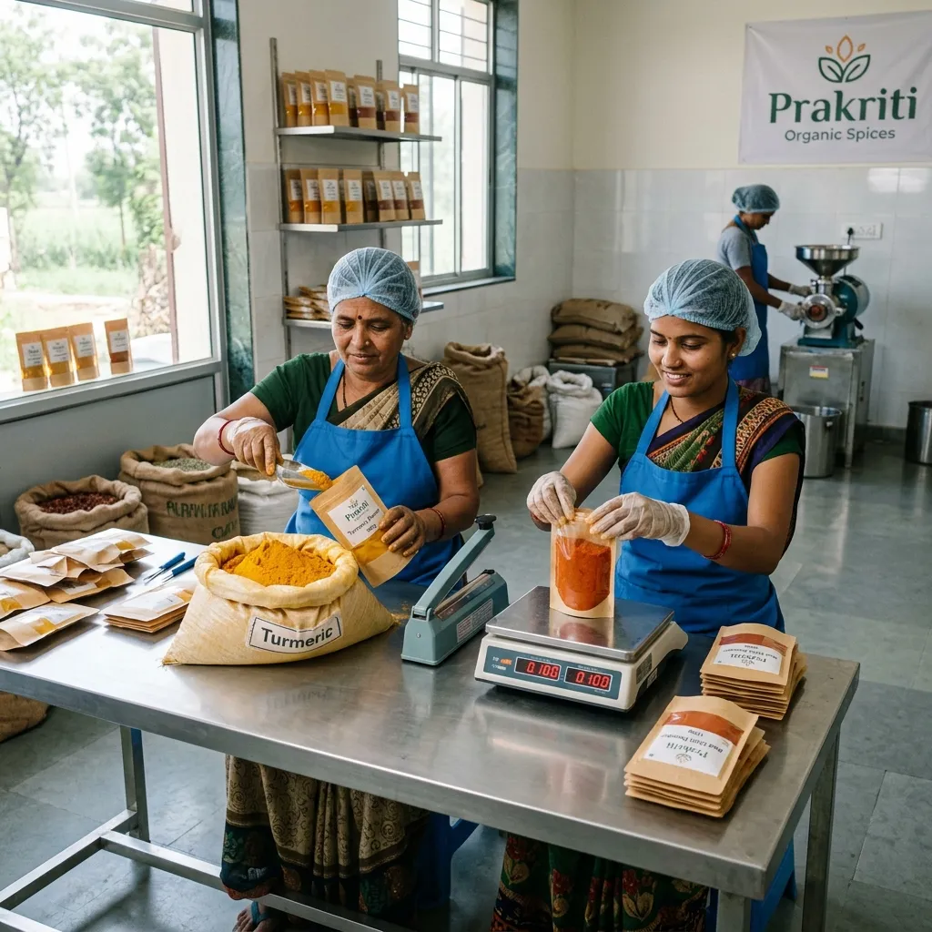 Rural women packing organic spices under FSSAI standards