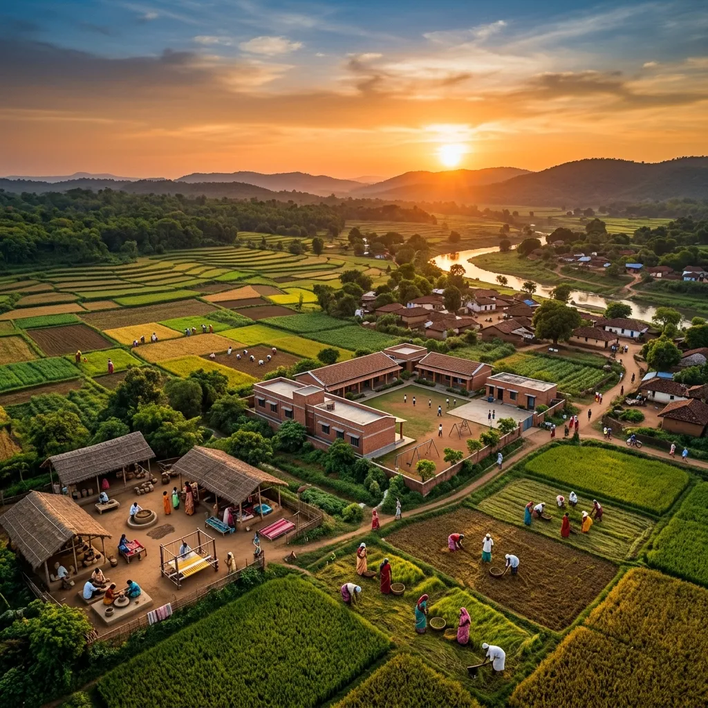Cinematic aerial view of rural India at sunrise