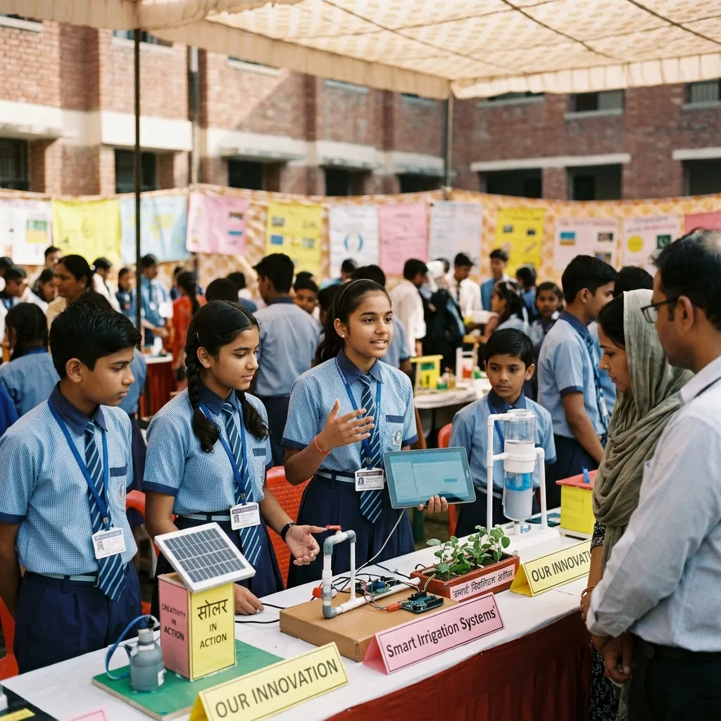 Indian students presenting physics engineering models at science exhibition